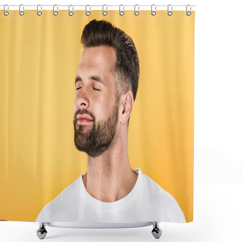 Personality  Joyful Handsome Man In White T-shirt With Closed Eyes Isolated On Yellow Shower Curtains