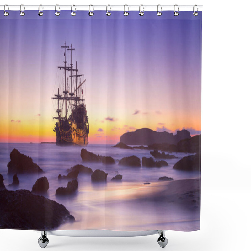 Personality  Pirate Ship At The Open Sea At The Sunset Shower Curtains