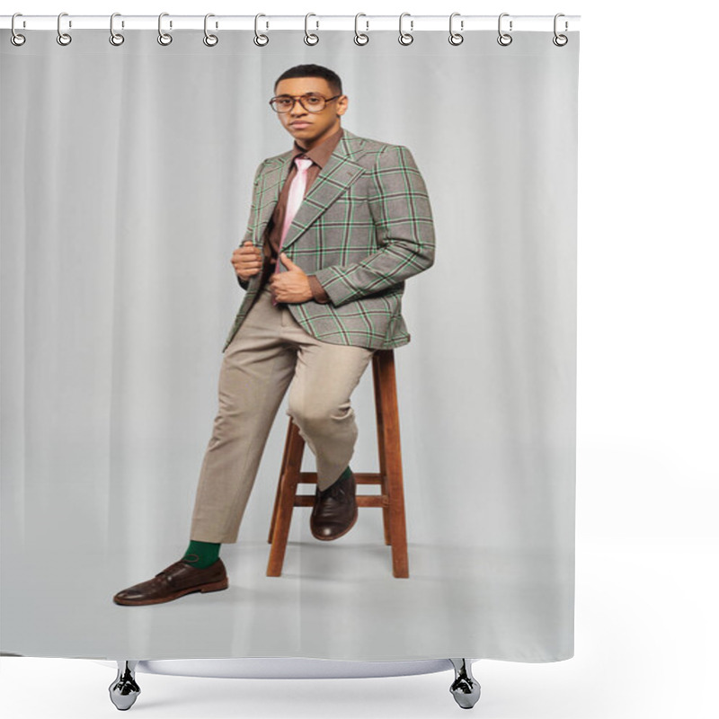 Personality  Man Sitting Elegantly On Stool In Stylish Plaid Blazer. Shower Curtains