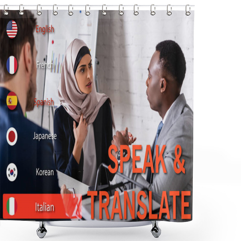 Personality  Arabian Businesswoman Gesturing Near African American Businessman And Interpreter, Translation App Interface Illustration Shower Curtains