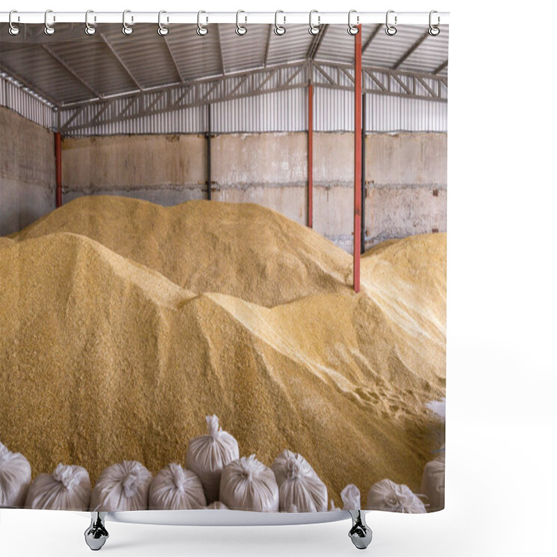 Personality  Pile Of Heaps Of Wheat Grains And Sacks At Mill Storage Or Grain Elevator. Shower Curtains