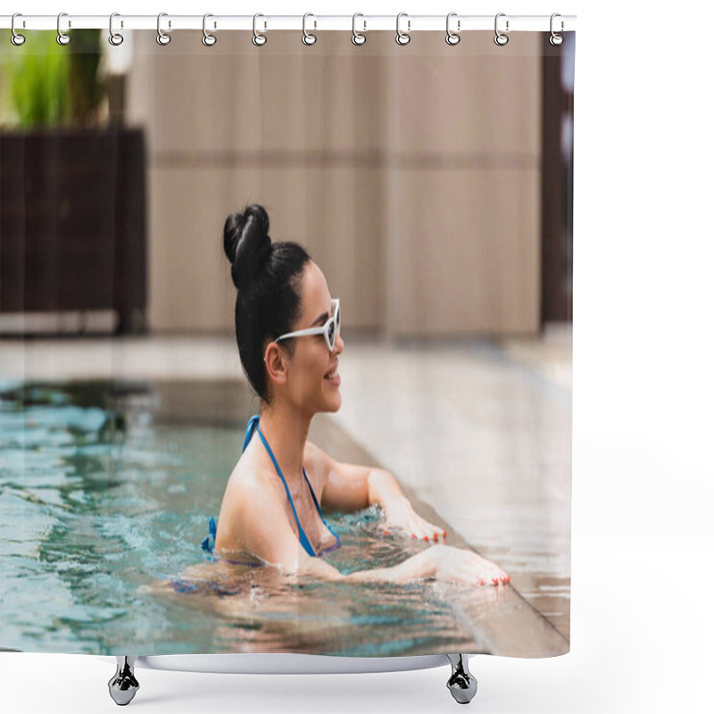 Personality  Cheerful Young Woman In Swimsuit Touching Sunglasses In Pool  Shower Curtains