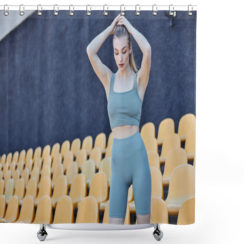 Personality  Blonde Young Sportswoman In Activewear Making Her Ponytail And Standing Next To Stadium Chairs Shower Curtains