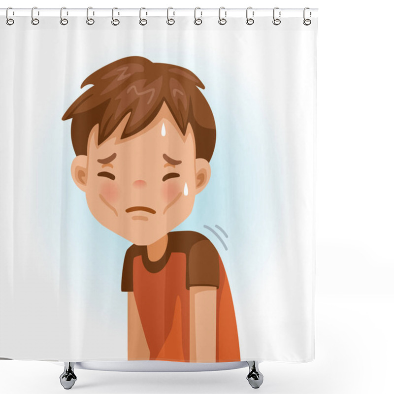 Personality  Weak Little Boy. Slim, Fatigue, Discomfort And Fatigue. Sad Boy.The Face Expresses Regret. Child Lament Standing. Looking Straight At You. Vector Cartoons And Illustrations Isolated On White. Shower Curtains