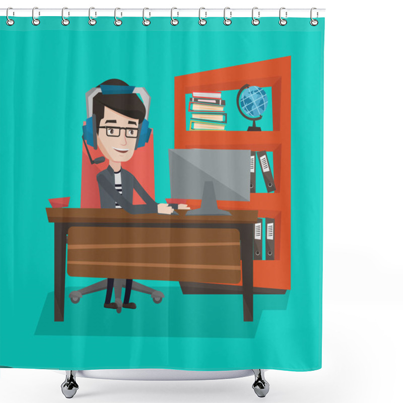 Personality  Businessman With Headset Working At Office. Shower Curtains