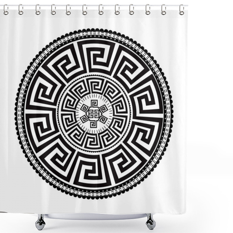 Personality  Ancient Round Ornament. Vector Isolated Black Meander Pattern Shower Curtains