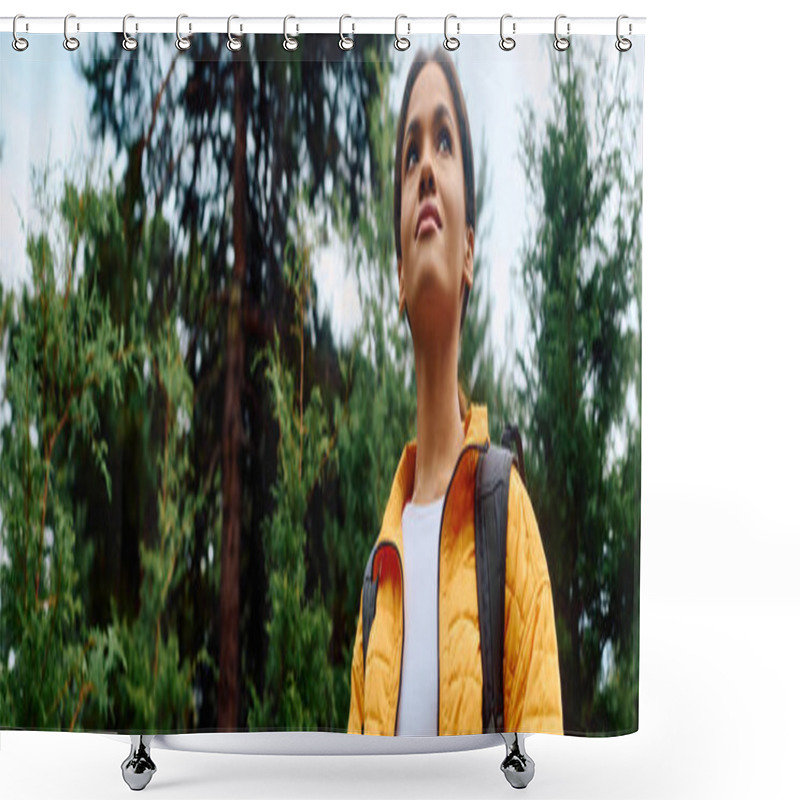 Personality  A Young Woman Embraces The Beauty Of Autumn While Hiking Through A Lively Forest, Surrounded By Nature. Shower Curtains