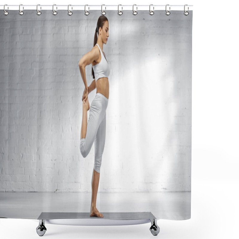 Personality  Pretty Woman Stretching Leg While Standing On Yoga Mat At Home  Shower Curtains