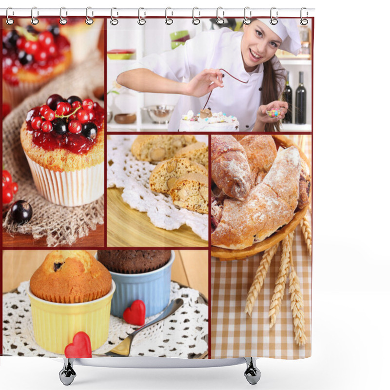 Personality  Collage Of Confectionery Theme Consisting Of Delicious Pastries And Cook Shower Curtains