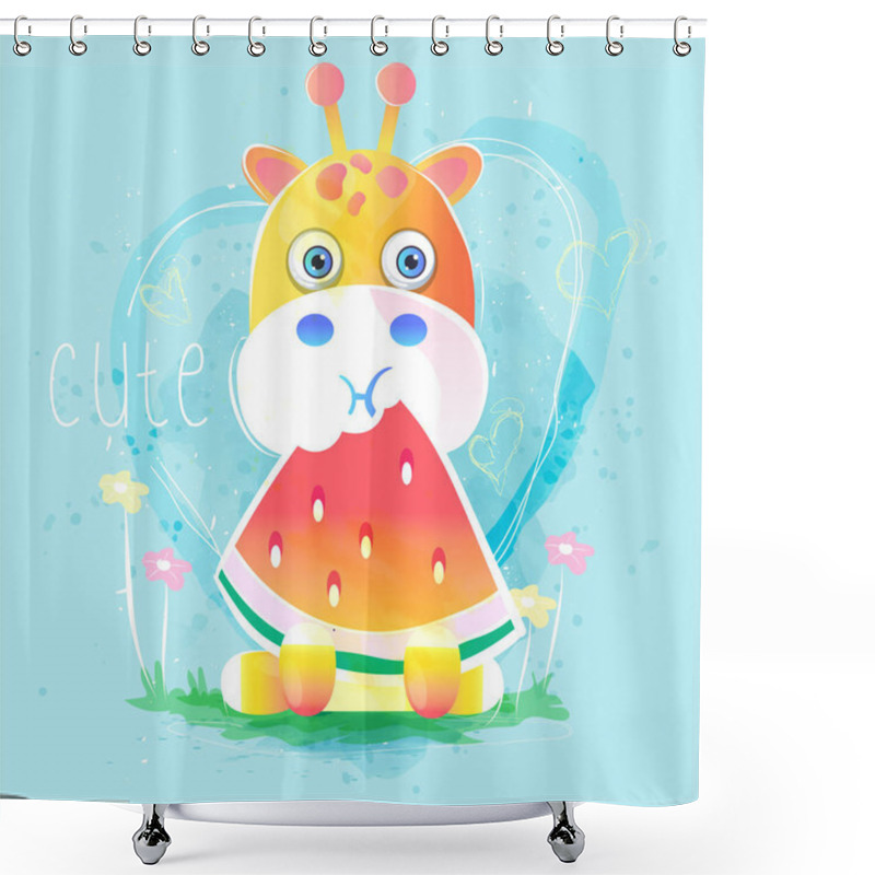 Personality  Cute Giraffe Eating Watermelon. Shower Curtains