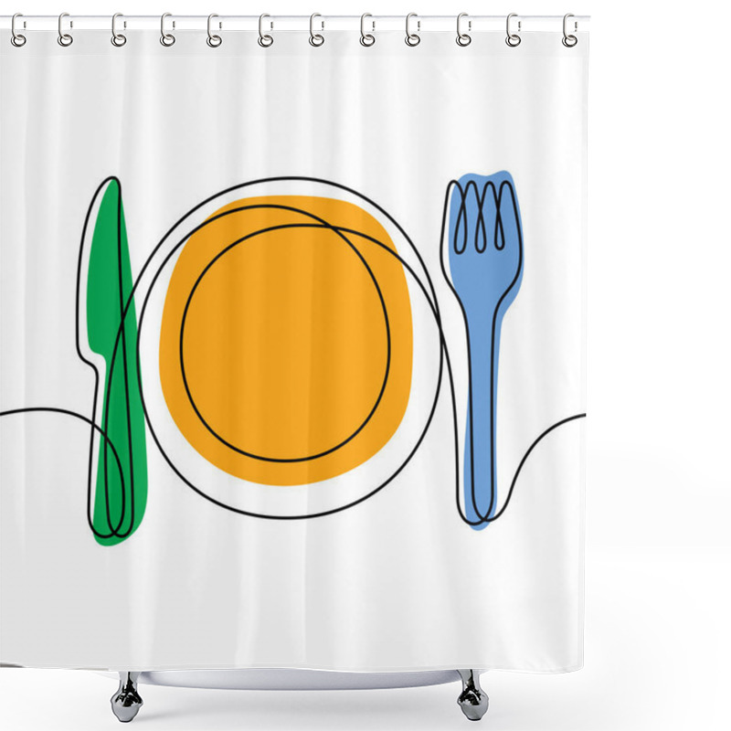 Personality  Plate, Knife And Fork Continuous Line Colourful Vector Illustration Shower Curtains