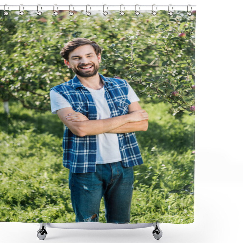 Personality  Laughing Handsome Farmer Standing With Crossed Arms In Apple Garden At Farm Shower Curtains