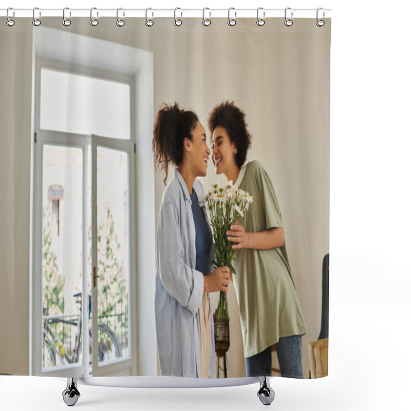 Personality  A Loving Couple Shares A Tender Moment While Holding Daisies By The Window. Shower Curtains