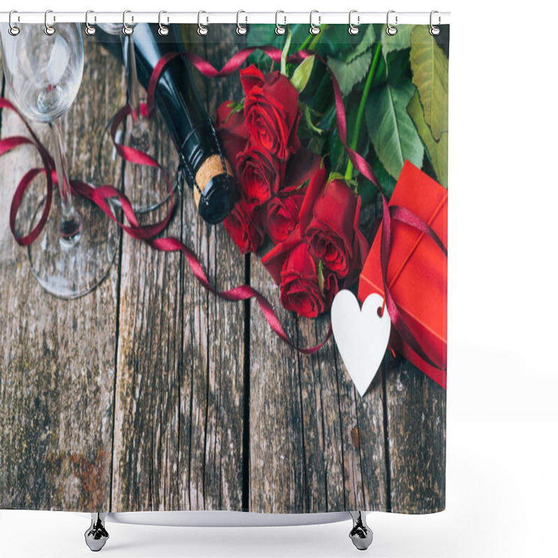 Personality  Happy Valentine Day. Beautiful Red Roses. Valentines Day Card. Rustic Style. Copy Space. Love Card. Valentines Gift With Flowers. Champagne Glasses And Romantic Roses On Wooden Boards. Birthday Card. Shower Curtains