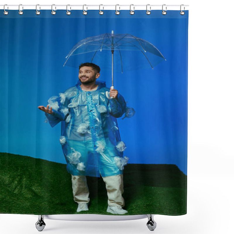 Personality  A Man In A Plastic Raincoat Holds An Umbrella And Poses On A Grassy Hill. Shower Curtains