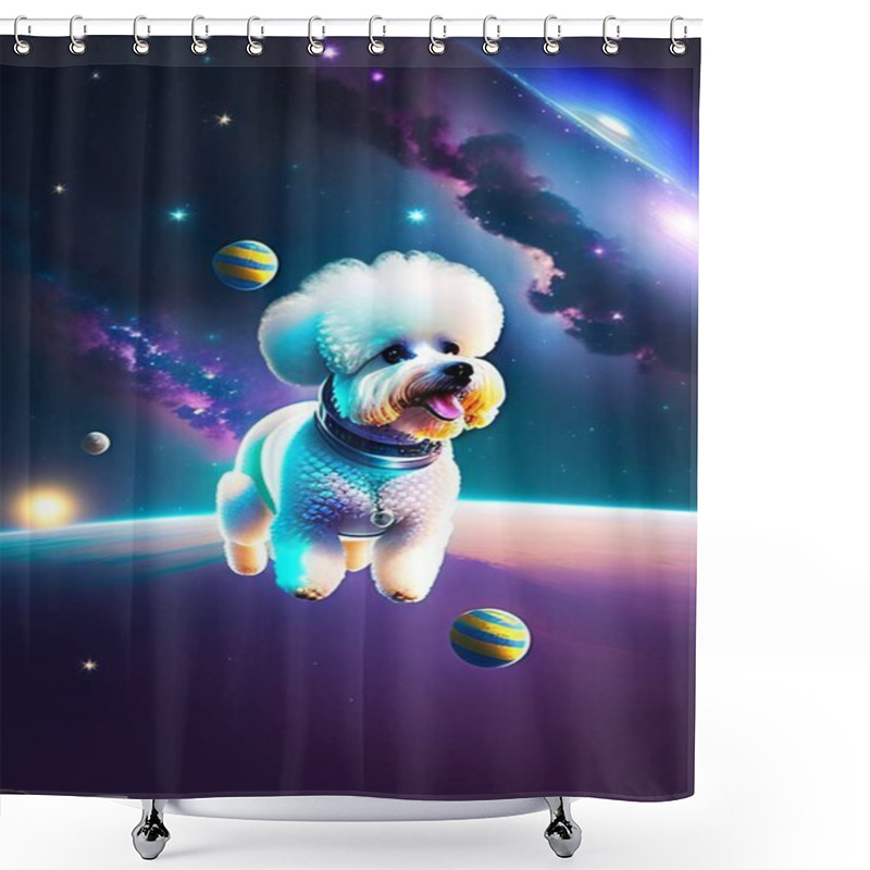 Personality  Space Dog. Bichon Frise Astronaut Dog In Outer Space. Dog Goes Into Space In Search Of Adventure. Bichon Frise Dog In Outer Space. A Space Bichon Frise Astronaut Explores The Outer Limits Of The Solar System. Space Dogs Are Cool.   Shower Curtains