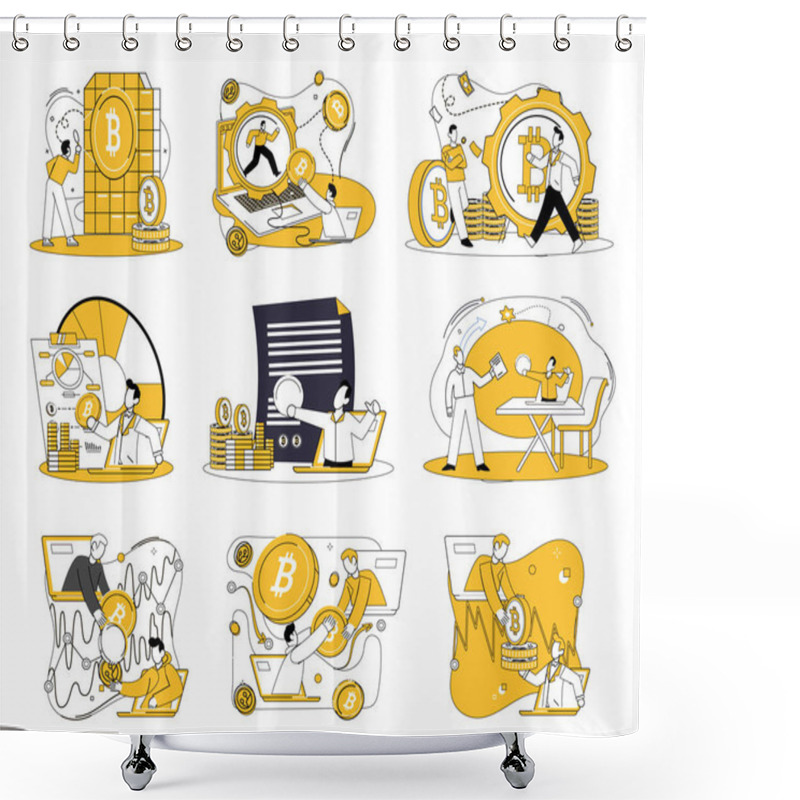 Personality  Cryptocurrency Concept. Nine Scenes Feature People Engaging In Various Cryptocurrency-related Activities. Ideal For Blockchain Technology, Digital Finance, Cryptocurrency Trading, Bitcoin Mining Shower Curtains