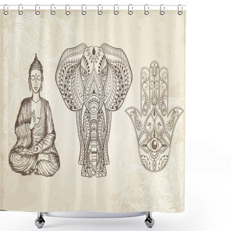 Personality  Indian Hamsa, Elephant, And Buddha Shower Curtains