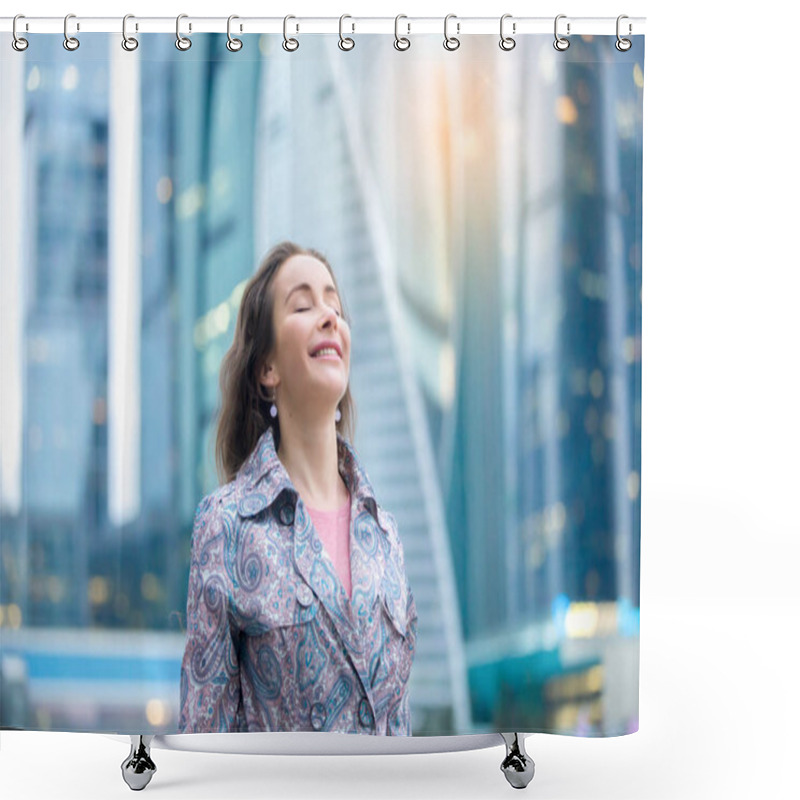 Personality  Portrait Of A Young Happy Woman At The City Street Shower Curtains