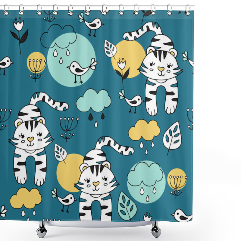 Personality  Cute Seamless Pattern With Tropical Animals On Blue Background. Tiger And Birds In The Jungle. Shower Curtains