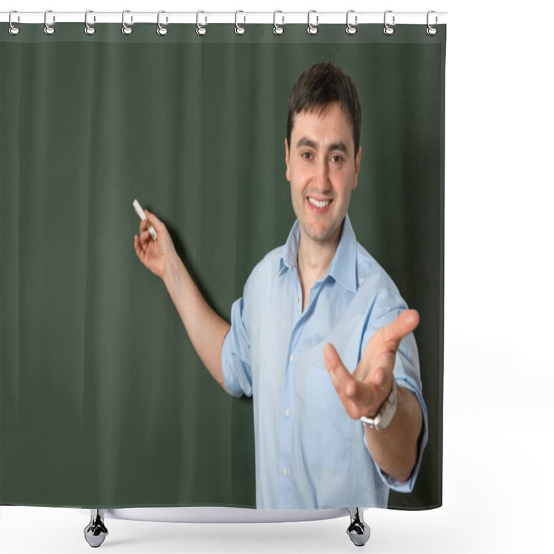 Personality  Smiling Student Or Teacher At The Blackboard Shower Curtains