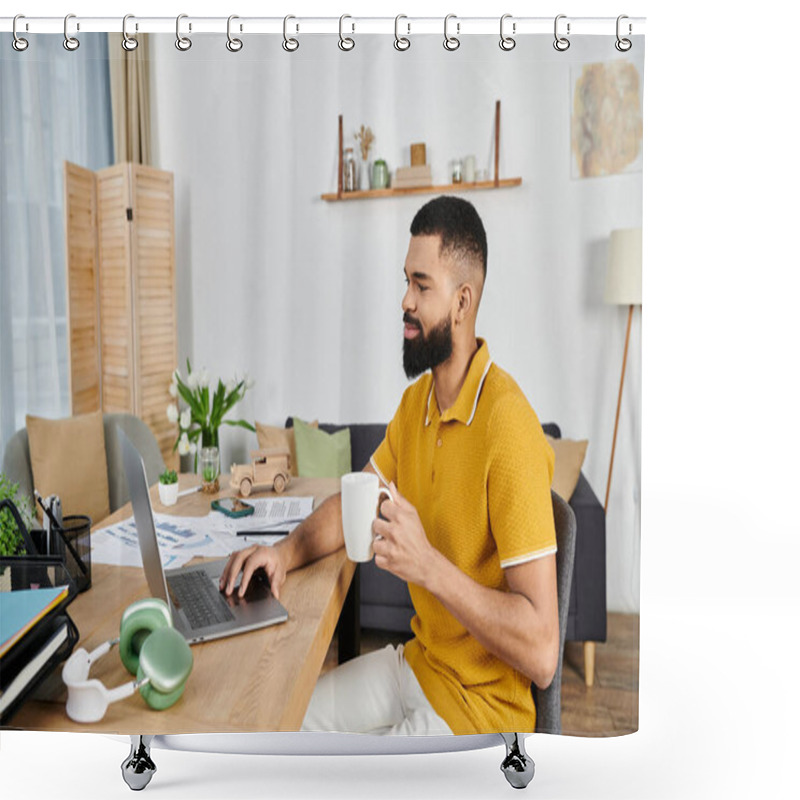 Personality  A Man Sips Coffee And Works On His Laptop In A Warm, Inviting Space. Shower Curtains