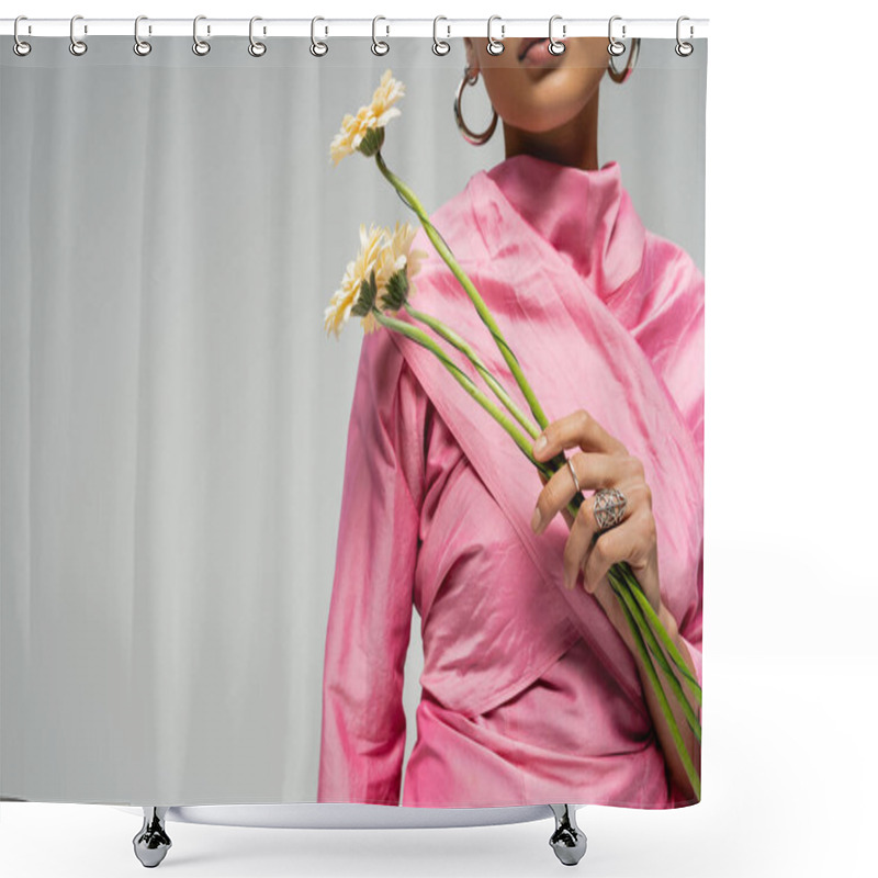 Personality  Cropped African American Woman In Pink Outfit Posing With Flowers On Grey Backdrop, Delicate Shower Curtains