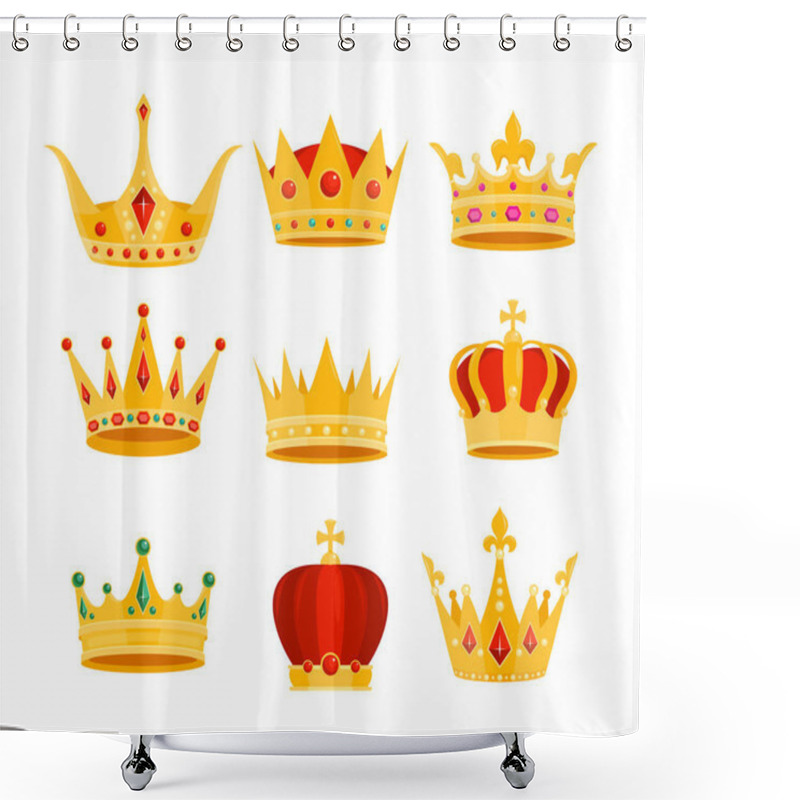 Personality  Golden Crown Vector Illustration Set, Cartoon Flat Gold Royal Medieval Collection Of Monarchy Symbols, Crown On Head Isolated On White Shower Curtains