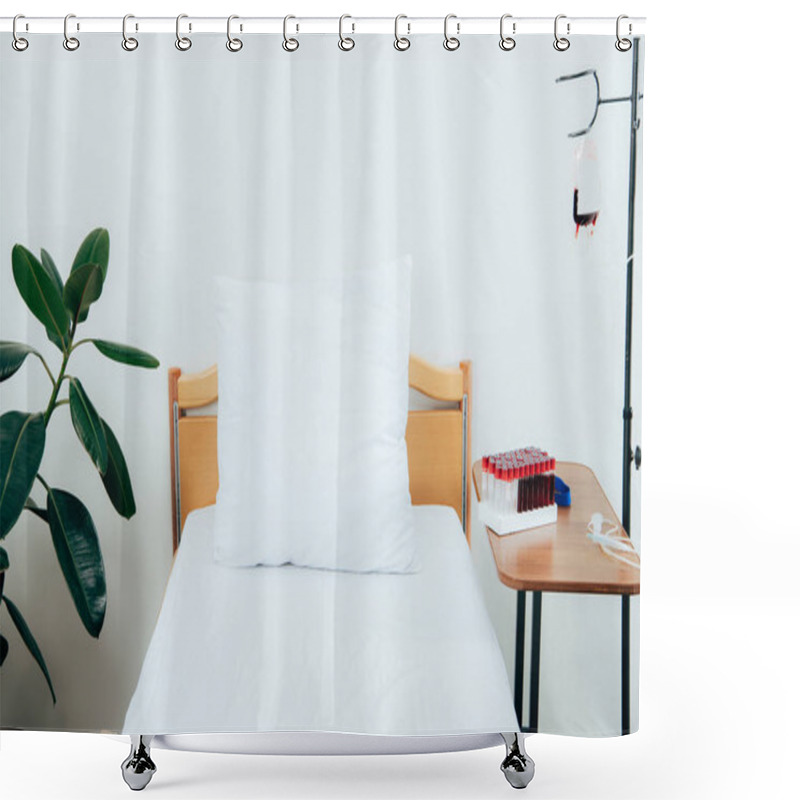 Personality  Bed With Pillow, Green Plant, Packed Cells And Blood Test Tubes In Hospital Ward Shower Curtains