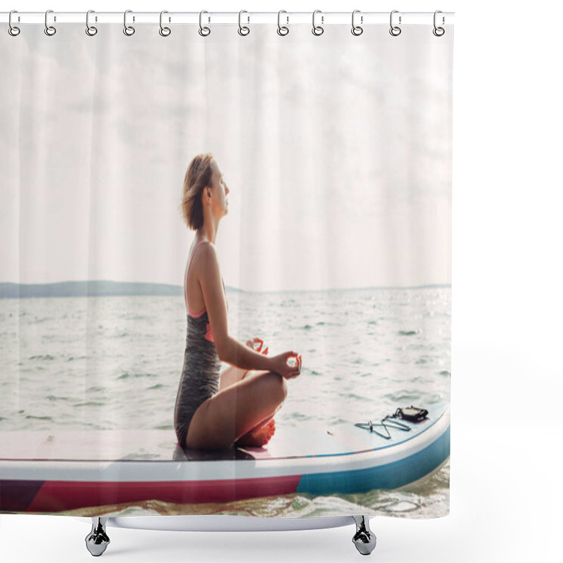 Personality  Young Caucasian Woman Practising Yoga On Paddle Sup Surfboard At Sunset. Female Stretching Doing Workout On Lake Water. Modern Individual Hipster Outdoor Seasonal Summer Sport Activity. Shower Curtains