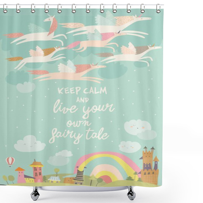 Personality  Cute Magic Unicorns Flying Above Little Town Shower Curtains