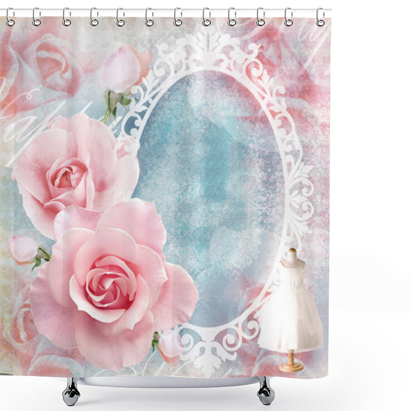 Personality  Holiday Tender Floral Card In Pink Tones With Roses, Mirror And Text Field. Wedding Theme.  Used For Greeting Cards, Invitations, Banners, Wraps, Textile,wallpaper, Web Page Background. Shower Curtains