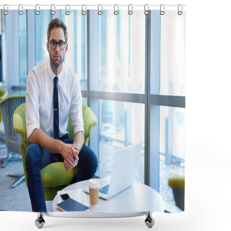 Personality  Handsome Young Businessman With Stylish Spectacles, Sitting In A Modern Office At A Coffee Table With Takeaway Coffee And His Laptop Shower Curtains