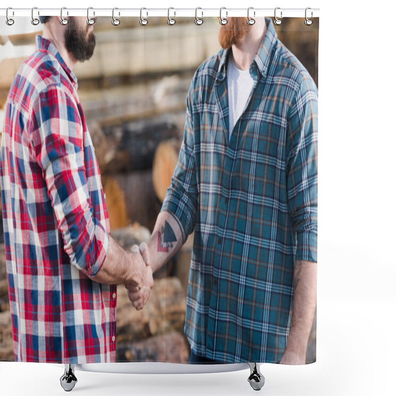 Personality  Cropped Shot Of Two Bearded Lumberjacks In Checkered Shirts Shaking Hands At Sawmill  Shower Curtains