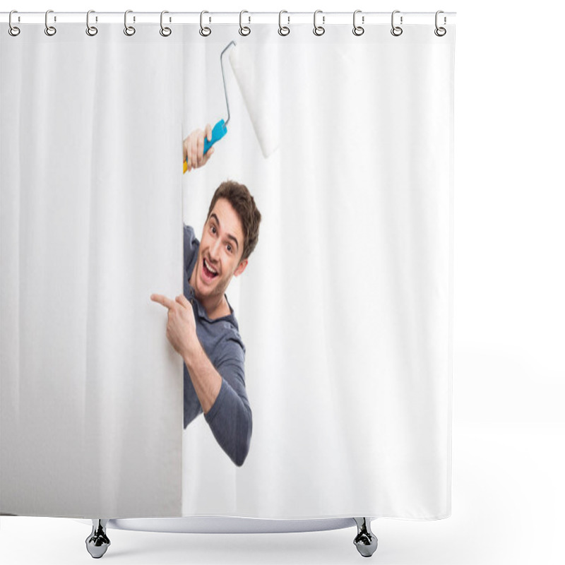 Personality  Man Holding Paint Roller Shower Curtains