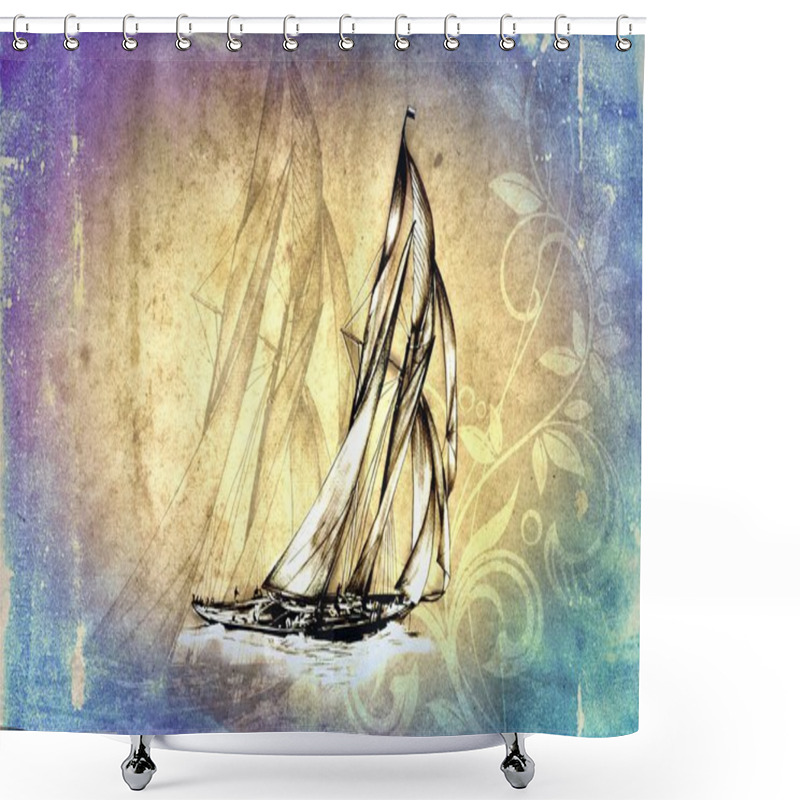 Personality  Antique Boat Sea Motive Drawing Handmade Shower Curtains