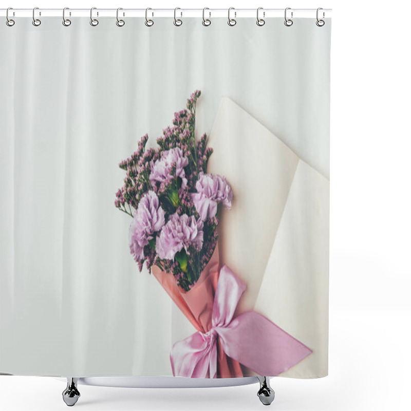 Personality  Beautiful Elegant Bouquet Of Tender Purple Flowers And Blank Greeting Card Isolated On Grey Shower Curtains