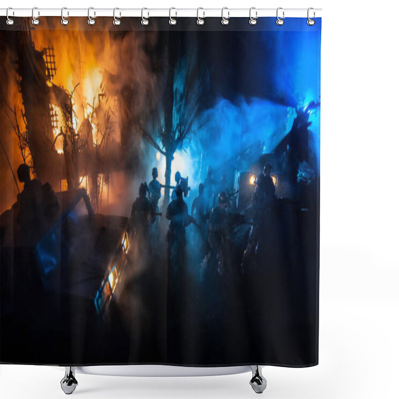 Personality  War Concept. Battle Scene On War Fog Sky Background, Fighting Silhouettes Below Cloudy Skyline At Night. Army Vehicle With Soldiers Artwork Decoration. Selective Focus Shower Curtains