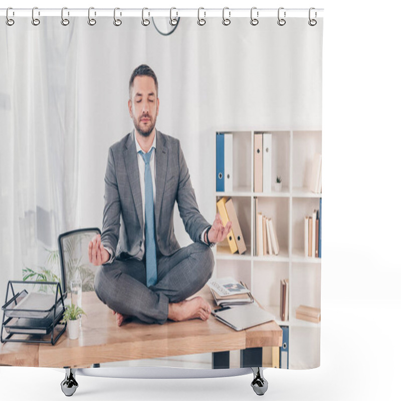 Personality  Handsome Businessman With Eyes Closed Meditating In Lotus Pose On Office Desk Shower Curtains