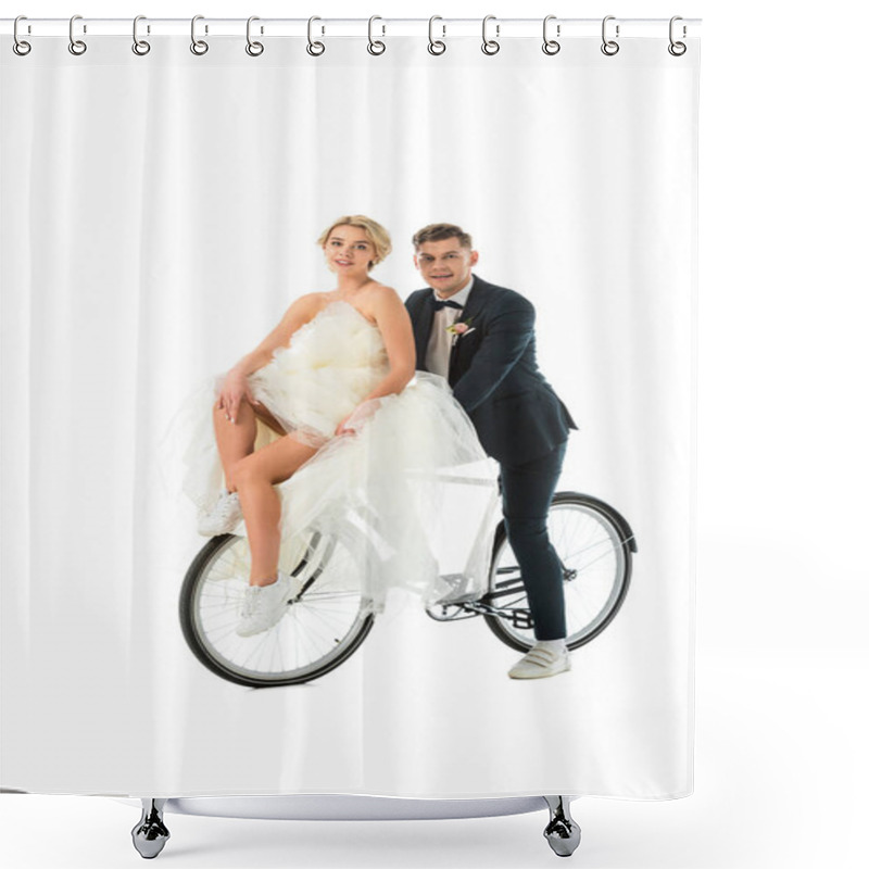 Personality  Beautiful Bride In Wedding Dress And Handsome Groom Sitting On Bicycle Isolated On White Shower Curtains