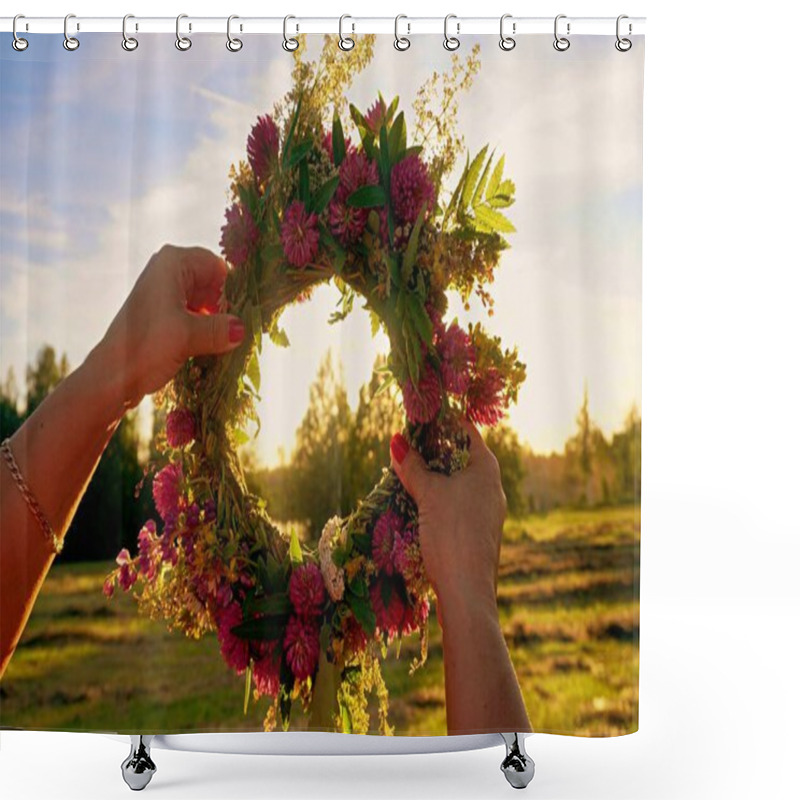 Personality  Midsummer Oak And Flower Wreath In Yellow Sunset Light. Old Latvian Culture Tradition LIGO. Midsummer Night Celebrating In Latvia. Shower Curtains