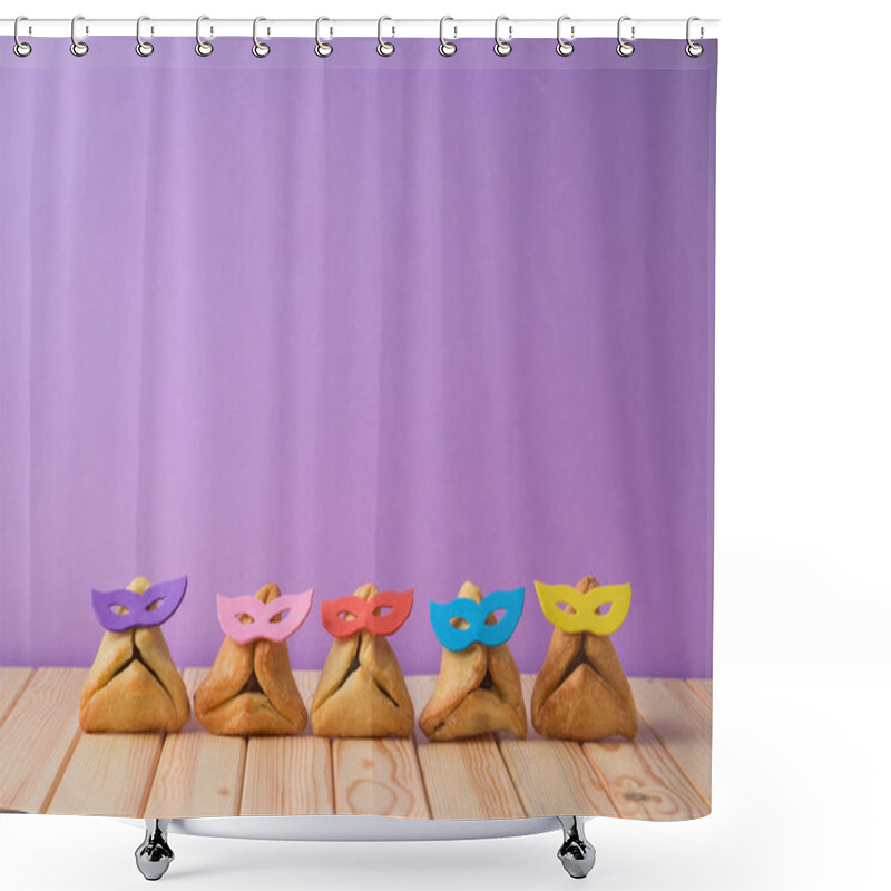 Personality  Jewish Holiday Purim Background With Cute Funny Hamantaschen Cookies On Wooden Table.  Shower Curtains