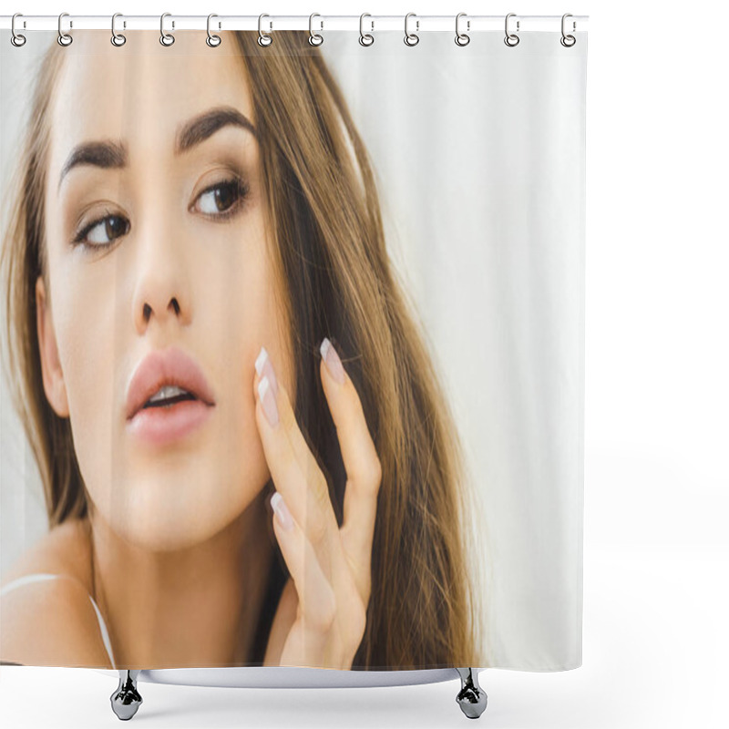 Personality  Portrait Of Beautiful Young Woman Checking Skin  Shower Curtains