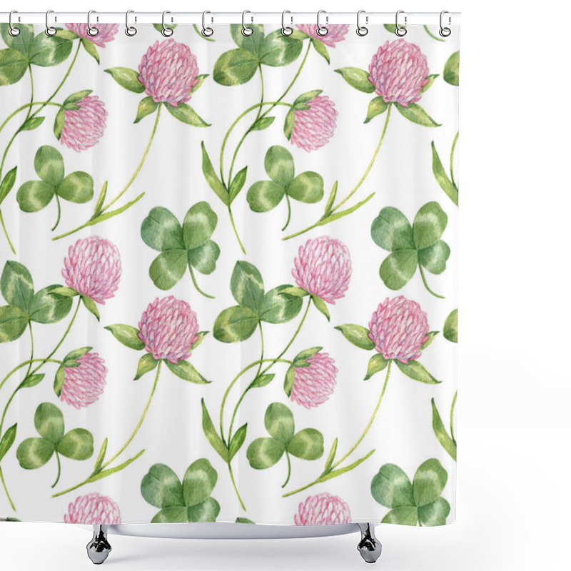 Personality  Watercolor Seamless Pattern With Clover Leaves And Flowers. Hand Drawing Pattern With Wildflowers. Botanical Illustration Isolated On The White Background.Blossom, Herbarium Plant. Herbal Set. Shower Curtains