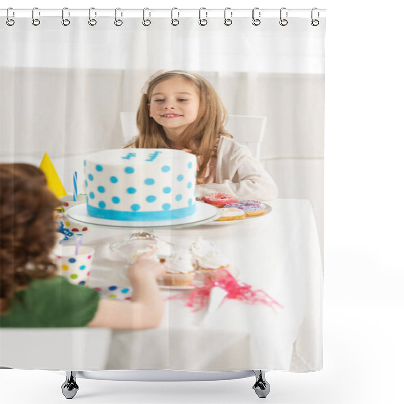 Personality  Adorable Kids Sitting At Party Table With Cake During Birthday Celebration Shower Curtains