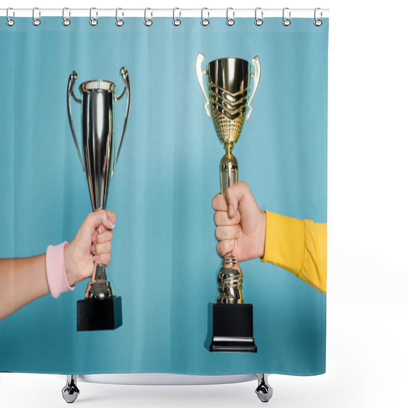 Personality  Cropped View Of Man And Woman Holding Golden And Silver Trophies On Blue Shower Curtains