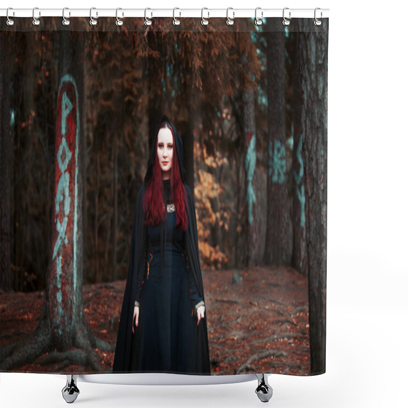 Personality  Young Beautiful And Mysterious Woman In Woods, In Black Cloak With Hood, Image Of Forest Elf Or Witch Shower Curtains