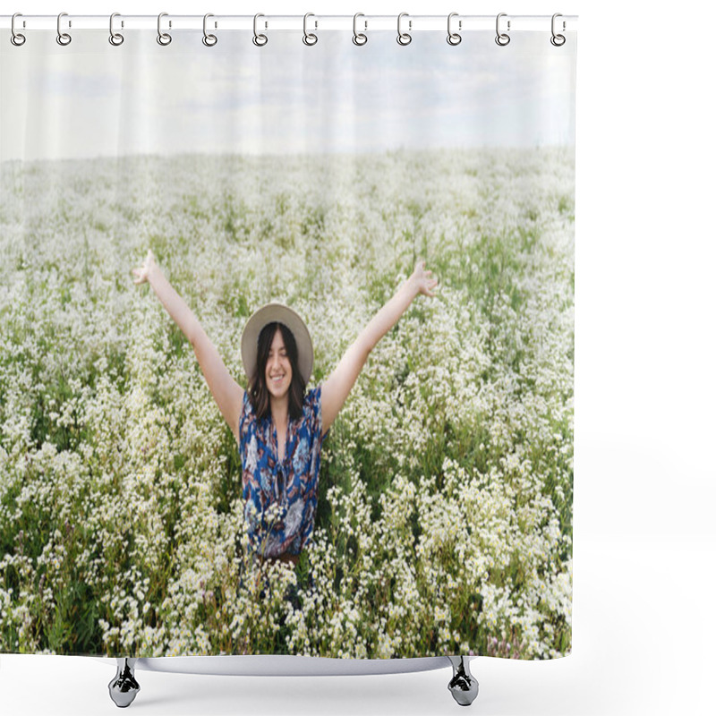 Personality  Happy Young Woman Smiling In White Wildflowers In Summer Meadow. Beautiful Joyful Girl In Blue Vintage Dress And Hat Having Fun In Field, Moment Of Happiness Shower Curtains