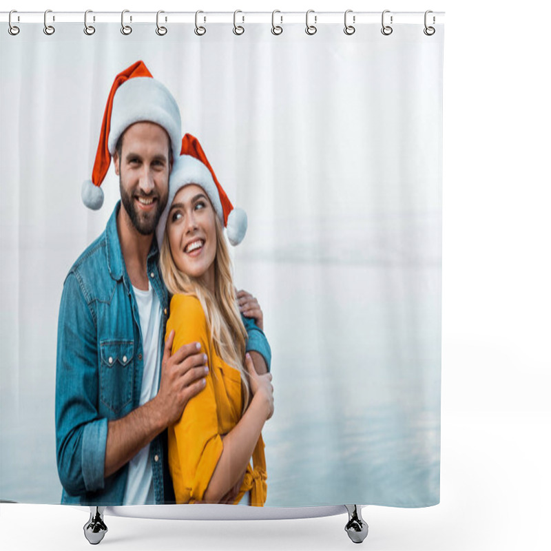 Personality  Boyfriend And Girlfriend In Santa Hats Hugging On Beach And Looking At Camera Shower Curtains