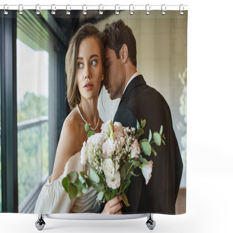 Personality  Charming Bride With Wedding Bouquet Looking Away Near Groom In  Black Suit In Banquet Hall Shower Curtains